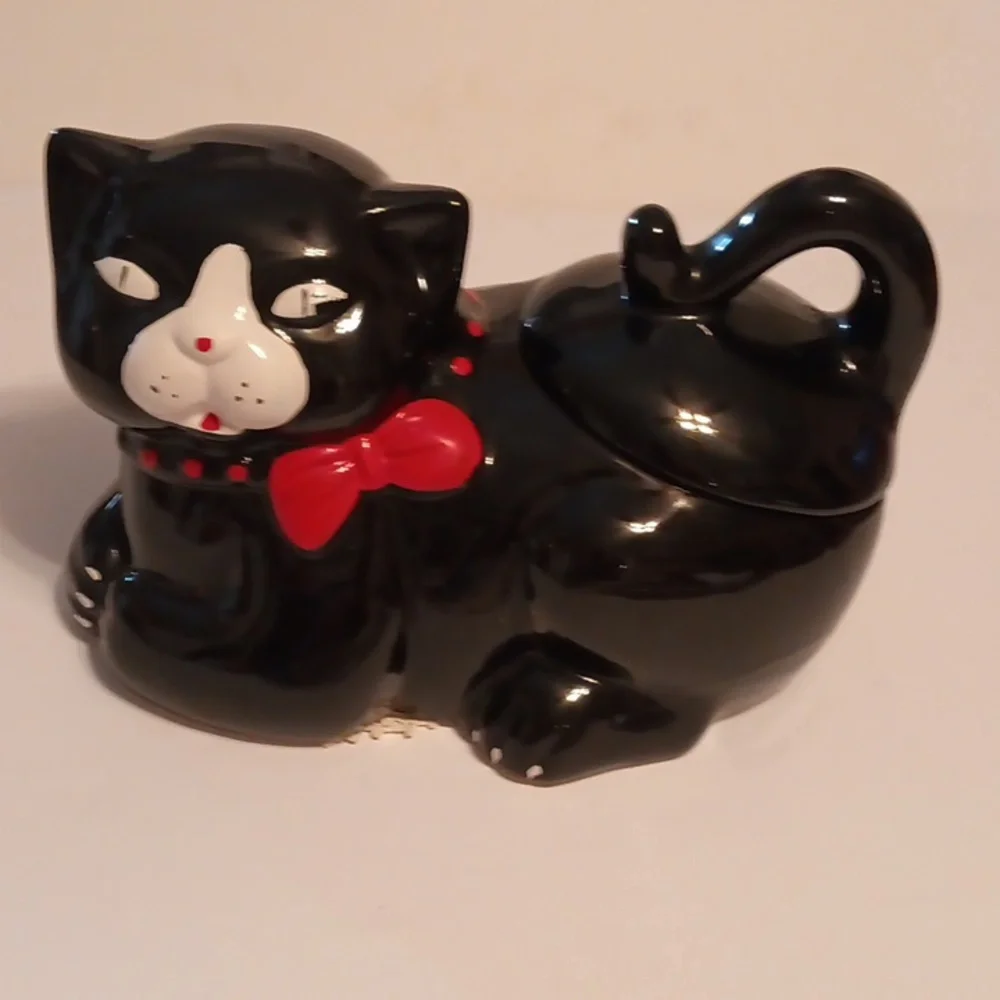 Vintage Whimsical Black Cat Cookie Jar with Red Bow